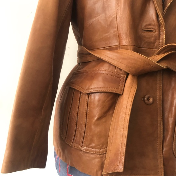 Vintage 70s Belted Leather Jacket Caramel Brown Leather Cognac Tailored Medium - Picture 3 of 16